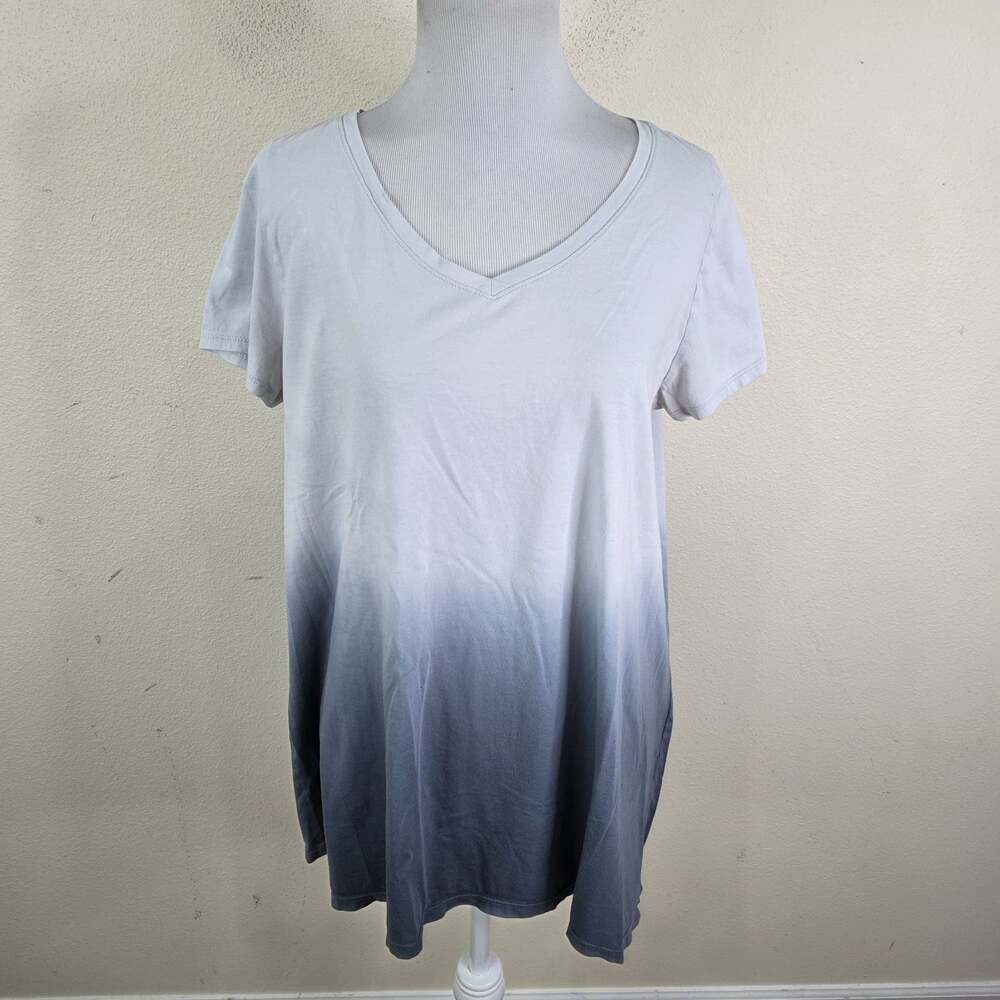 Pure Jill Women's Tunic T Shirt Medium Ombré Elliptical V Neck 100% Cotton Blue